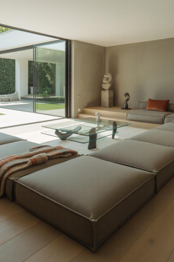 Expansive glass walls and grey sectional sofa creating bright, airy modern living space with outdoor views.