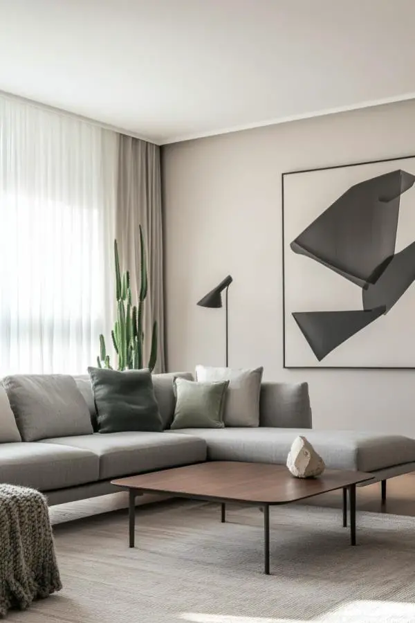 Modern sectional sofa with abstract wall art and natural plant accents in neutral tones.