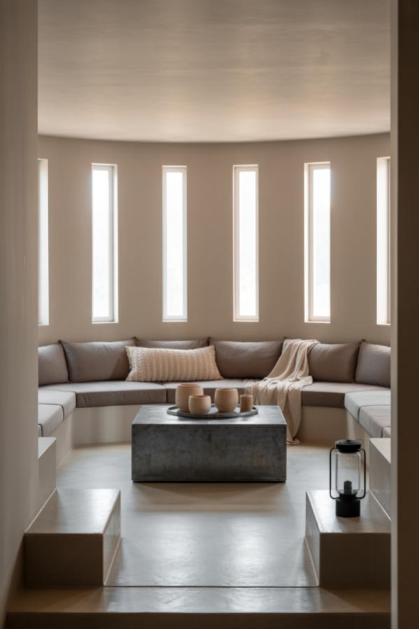 Modern built-in sectional sofa showcasing grey minimalist living room ideas with vertical windows and neutral tones.