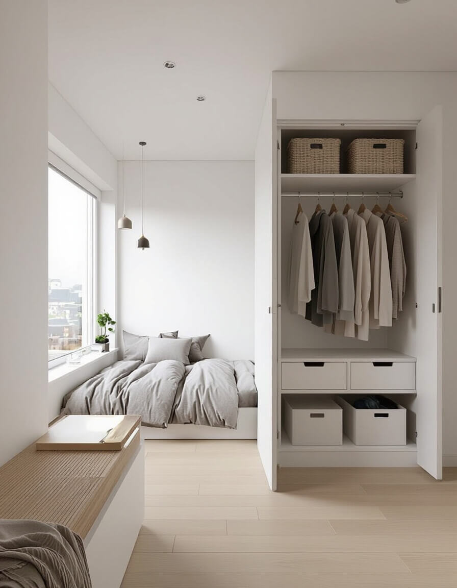 Clean minimalist bedroom featuring concealed storage compartments built into white walls with light wood floors showcasing hidden organization solutions