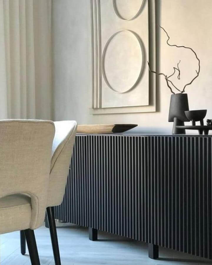 matte black slatted sideboard in soft neutral Japandi style ikea hacks & ideas from @our_home_interior_3 with minimalist decor and wooden accents
