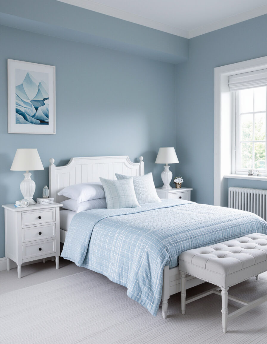 Serene monochrome bedroom featuring Ice Blue Arctic Serenity walls with white wooden furniture creating peaceful minimalist atmosphere