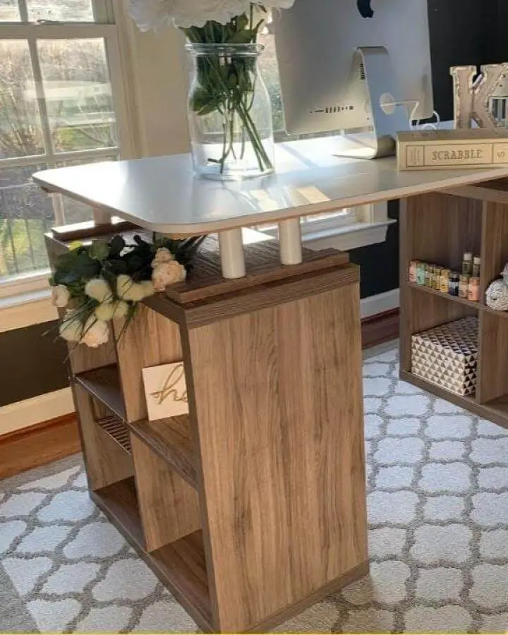 Wood-tone storage cubes with white tabletop craft space from @thefunnymomma bright and organized ikea craft table hacks setup