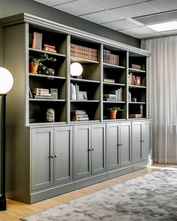 Sage green built-in storage wall from @sparrow_and_weston. Olive painted backdrop with white shelving.
