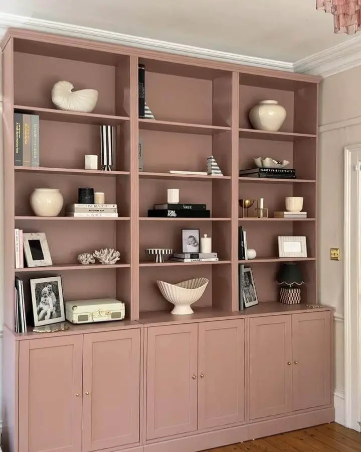 Blush pink painted Havsta storage unit from @lustliving with curated decor and closed cabinet base.