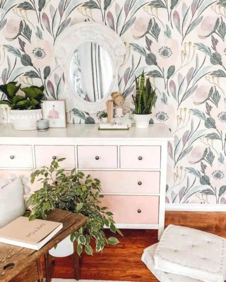 soft pink ombre drawer fronts on ikea hemnes dresser with floral wallpaper from The Beauty Revival calm and cozy bedroom corner