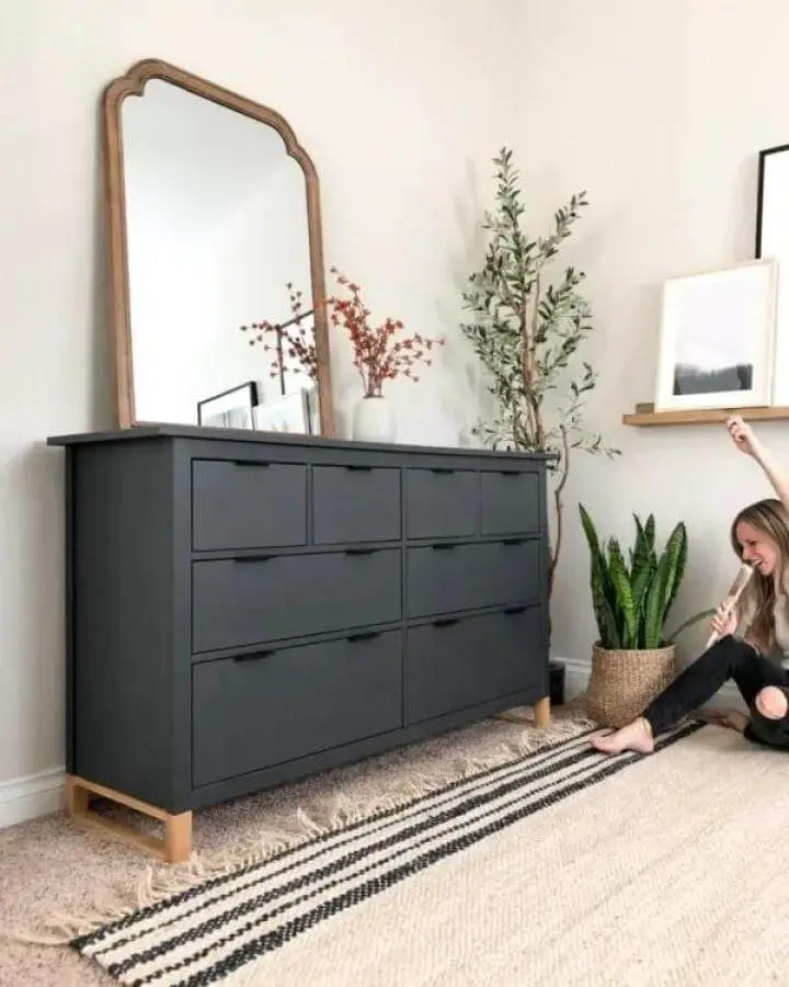 matte charcoal Ikea Hemnes dresser from Angela Rose Home with natural wood legs and minimalist styling
