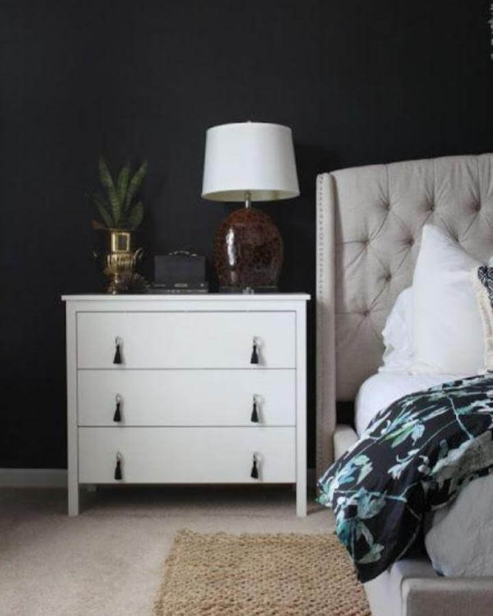 White Ikea Koppang drawers with black tassel handles in bedroom from Dwellings By DeVore minimal decor