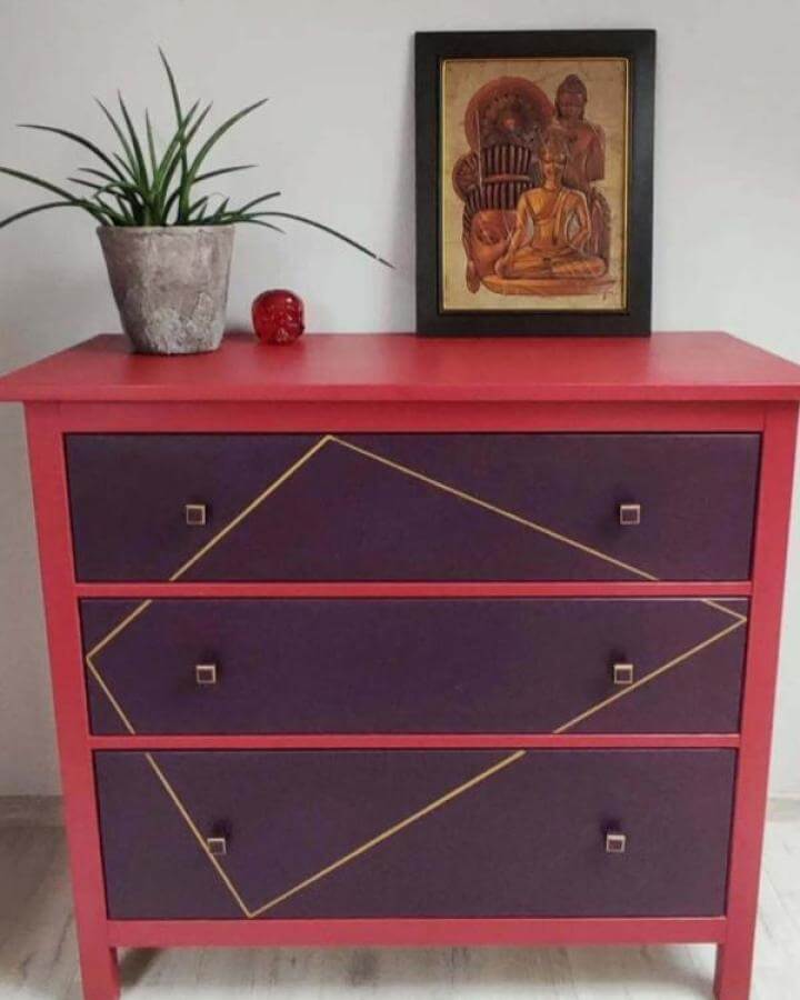 Red and purple geometric painted Ikea Koppang dresser with gold lines from @livin_la_casa_loca ikea koppang hacks.