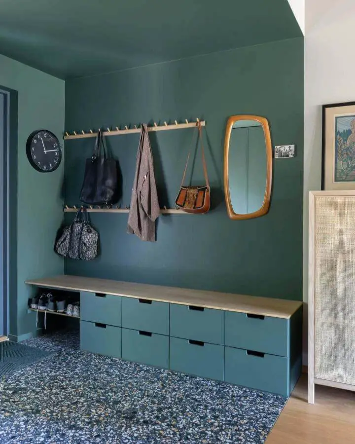 Matte green drawer storage bench ikea nordli hacks in entryway with wooden top and peg rack from @atriumhus_1971