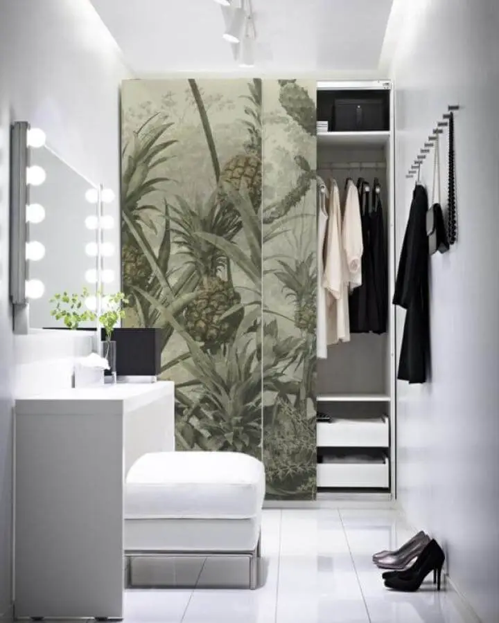 Green tropical pineapple print sliding doors on an Ikea Pax wardrobe in a white dressing room from 123Ikea. Bright and stylish closet transformation.