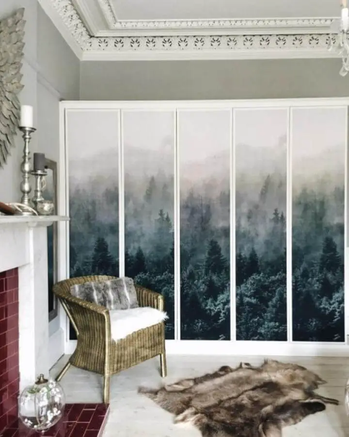 Misty forest mural on white framed Ikea Pax wardrobe doors from Around the Houses peaceful nature-inspired storage solution