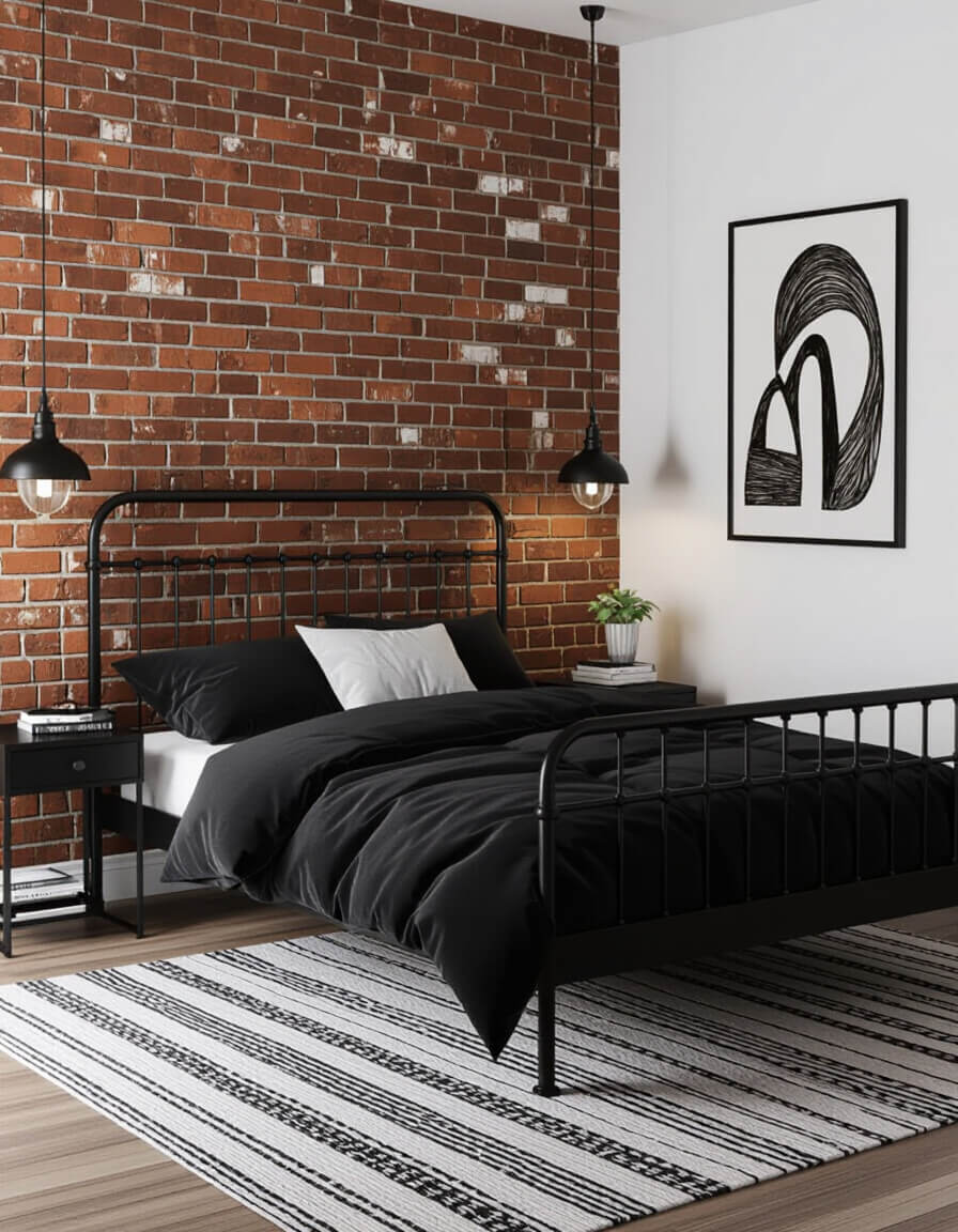 Industrial loft bedroom featuring white painted exposed brick wall with black steel bed frame in monochromatic design scheme
