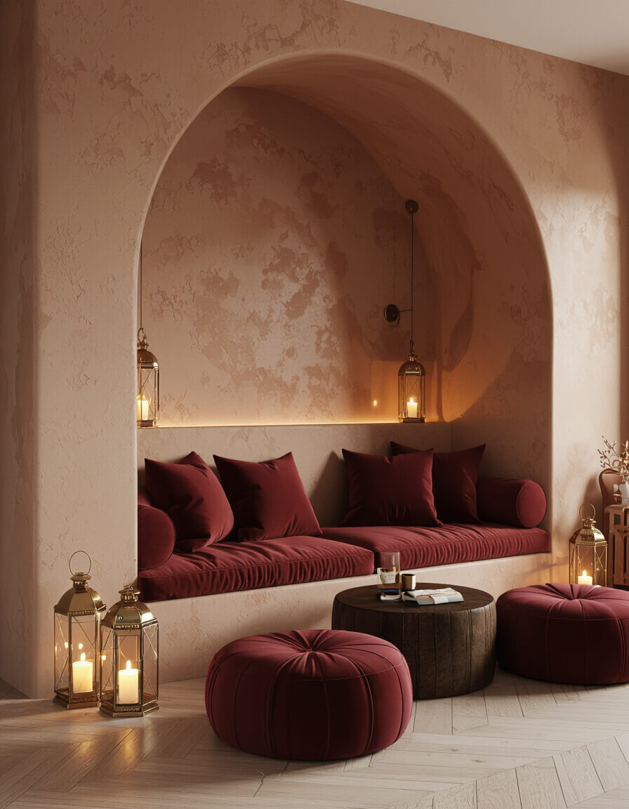 Cozy floor seating area with burgundy velvet cushions and golden lanterns against terracotta walls creating romantic fall bedroom atmosphere