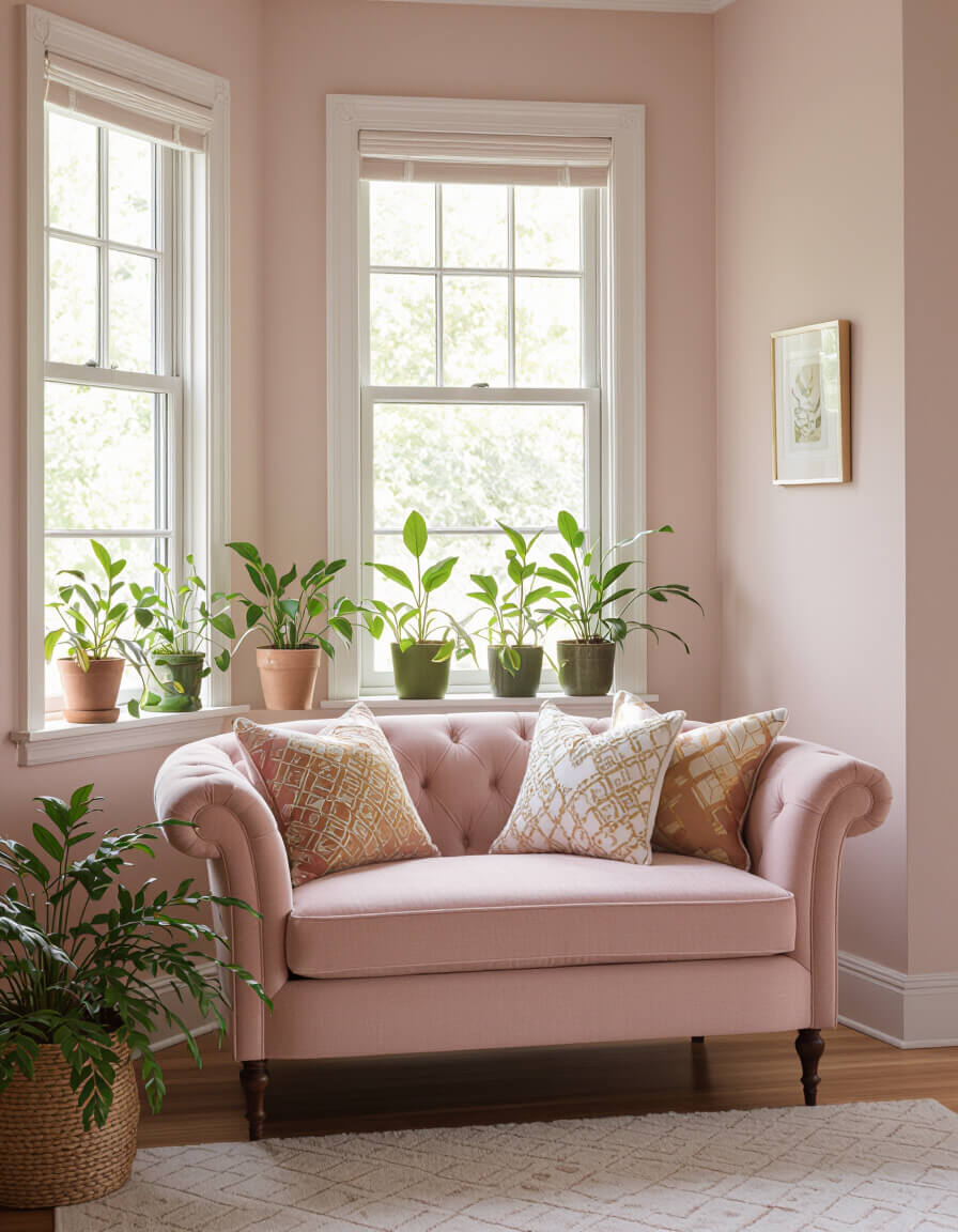 Dusty rose loveseat with gold pillows creates intimate seating area in romantic bedroom with blush walls and plants