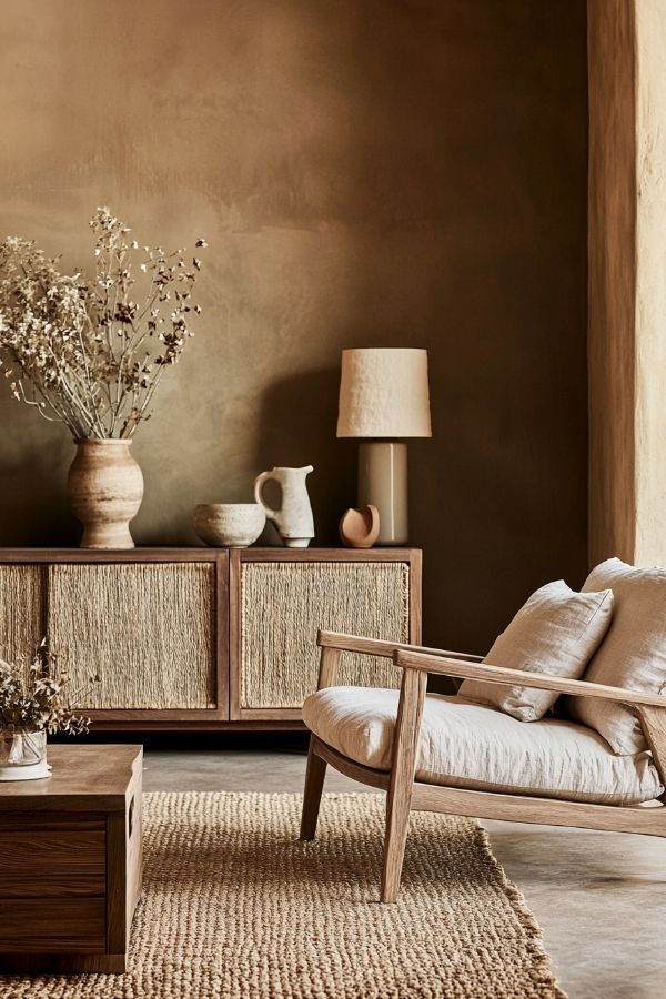 Earthy tones gracefully blend with richly textured natural materials, harmoniously.