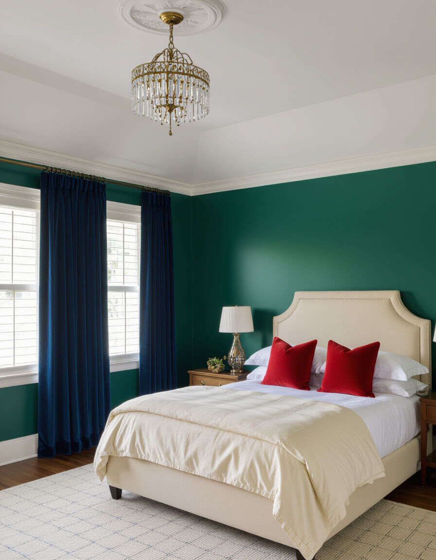 Jewel tone paradise bedroom featuring emerald walls, sapphire velvet curtains, and ruby pillows creating vibrant colorful bedroom design inspiration