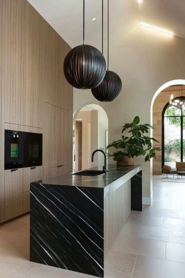 Modern kitchen featuring sleek black countertops, white cabinets, and stainless appliances.