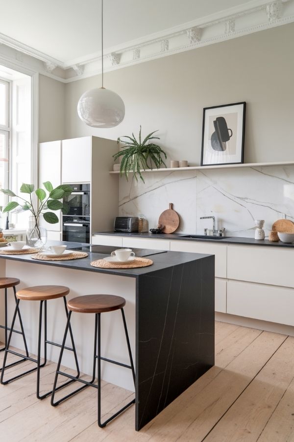 kitchen with black countertops modern design, stainless steel appliances, sleek cabinetry, open layout.