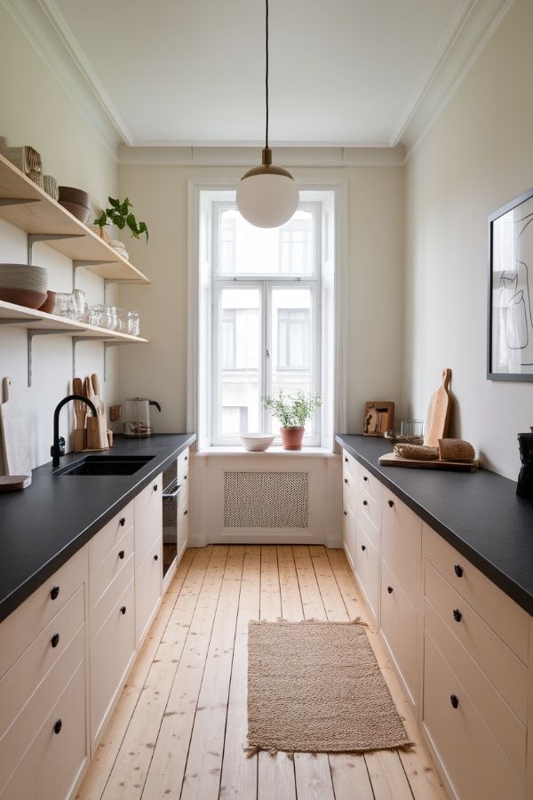 Modern kitchen with black countertops, stainless steel appliances, bright lighting.