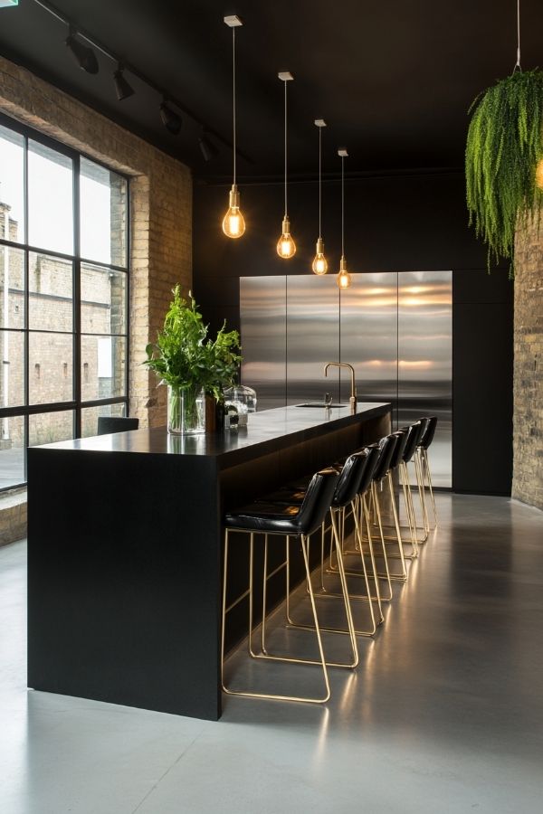 Kitchen with black countertops, featuring sleek modern cabinets and appliances.