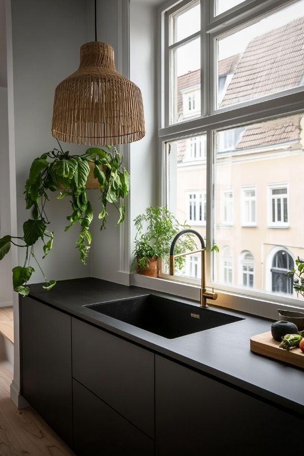 kitchen with black countertops, featuring modern appliances and sleek wooden cabinets.