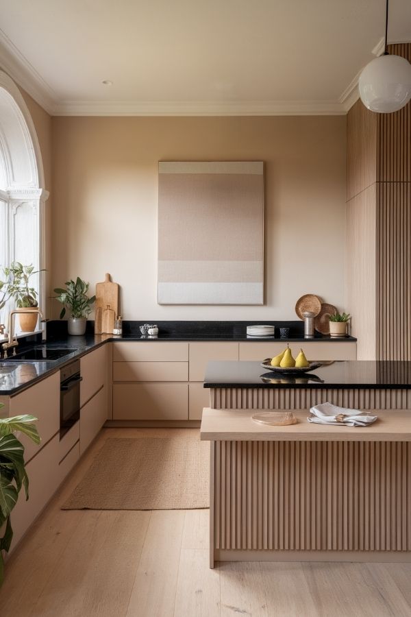 kitchen with black countertops, modern appliances, wooden cabinets, and bright lighting