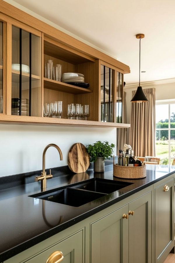 Kitchen with black countertops, modern appliances, white cabinets, minimalist design, warm lighting.