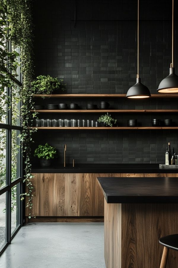 Kitchen with black countertops; modern design, stainless appliances, white cabinets, bright lighting.