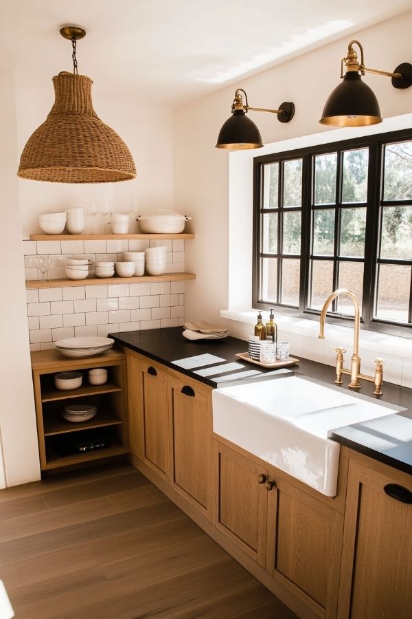 kitchen with black countertops, sleek modern design, stainless steel appliances, bright lighting.