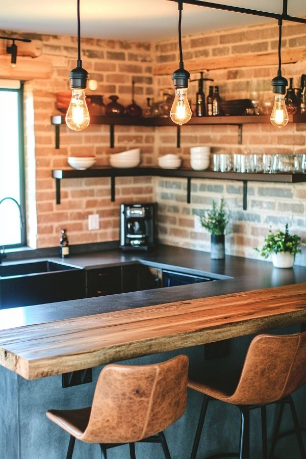 Kitchen with black countertops, sleek modern design, white cabinets, stainless appliances.