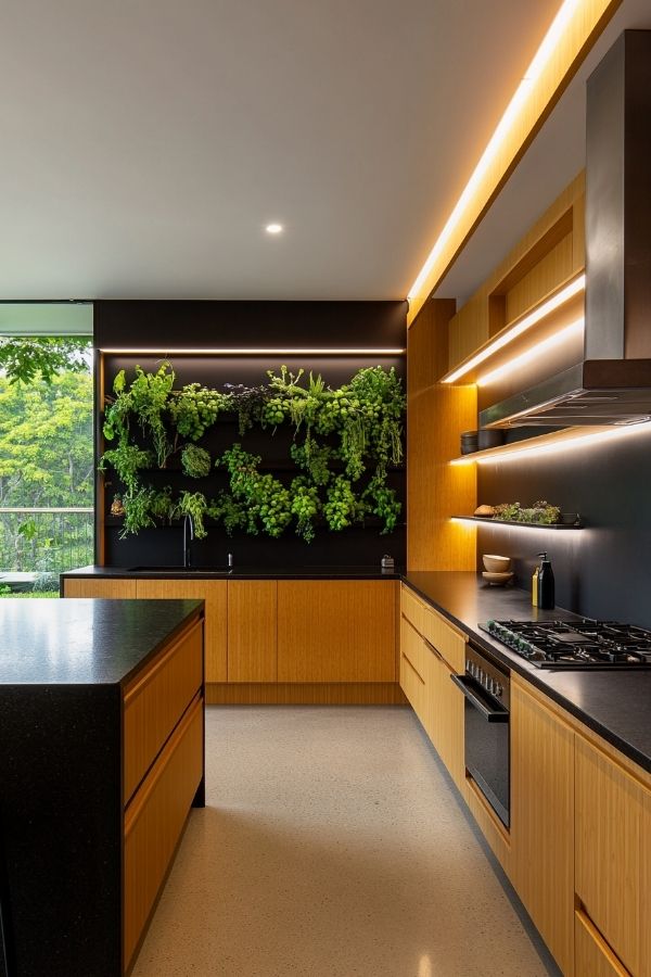 A modern kitchen with sleek black countertops, minimalist decor, wooden cabinets.