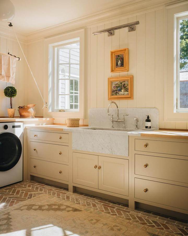 Cream farmhouse sink and cream cabinetry laundry room from @stofferhomecabinetry featuring marble apron and natural light as laundry room sink ideas.