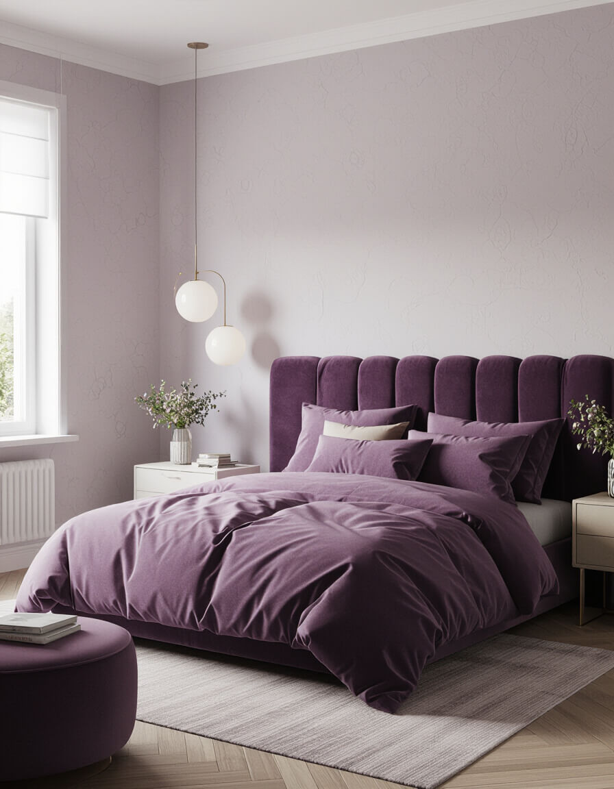 Serene bedroom featuring lavender purple monochrome design with soft lilac walls and luxurious plum velvet bedding creating dreamy oasis atmosphere