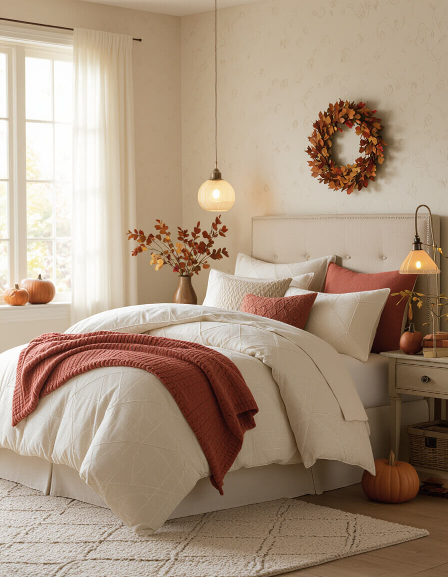 Cozy bedroom with layered autumn bedding textures including knit throws and velvet pillows creating romantic fall ambiance