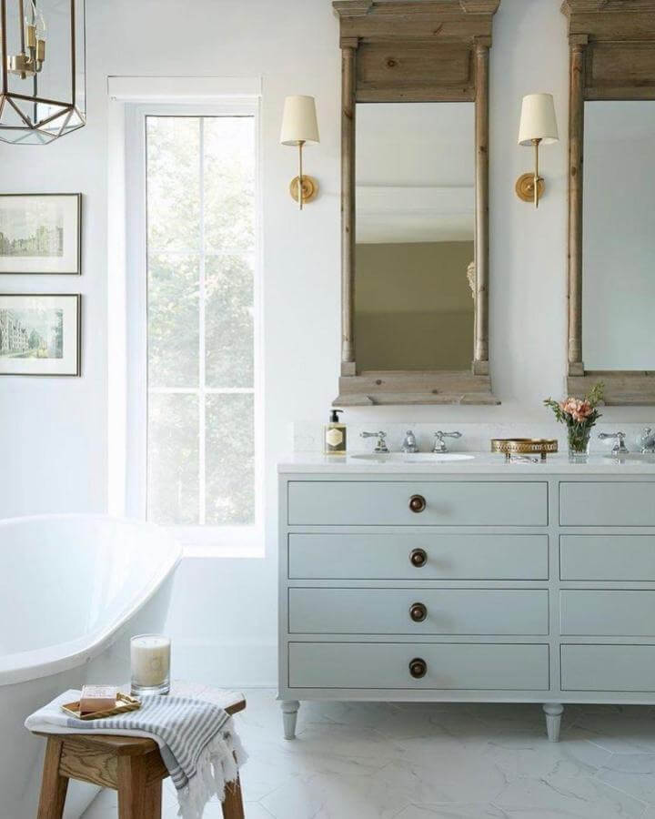 light blue bathroom ideas soft pastel vanity with rustic wood mirrors by @blancmarineliving bright and airy setup