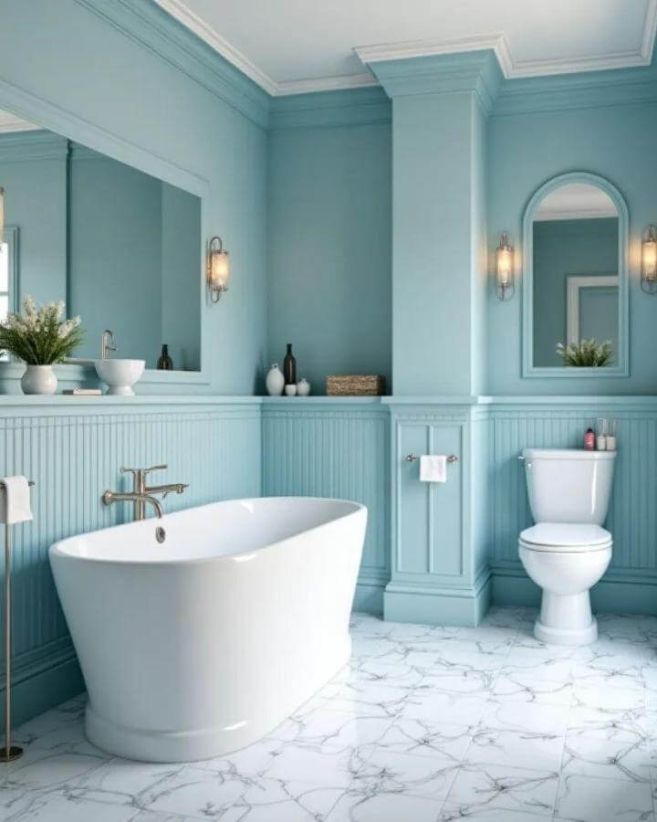 light blue bathroom ideas elegant wainscoting and freestanding tub from @homedesignsai bright marble flooring and classic fixtures