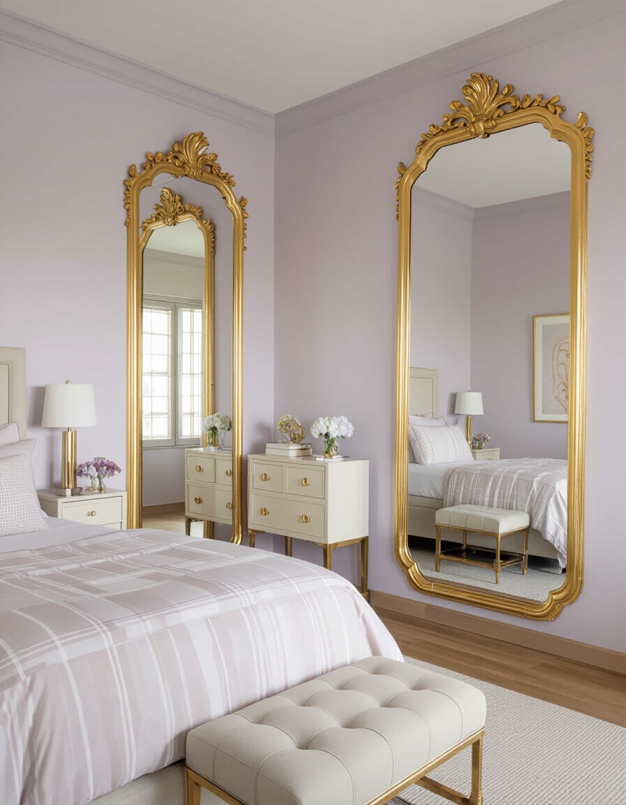Elegant bedroom featuring soft lilac walls with ornate gold-framed mirrors creating luxurious pastel glamour decor