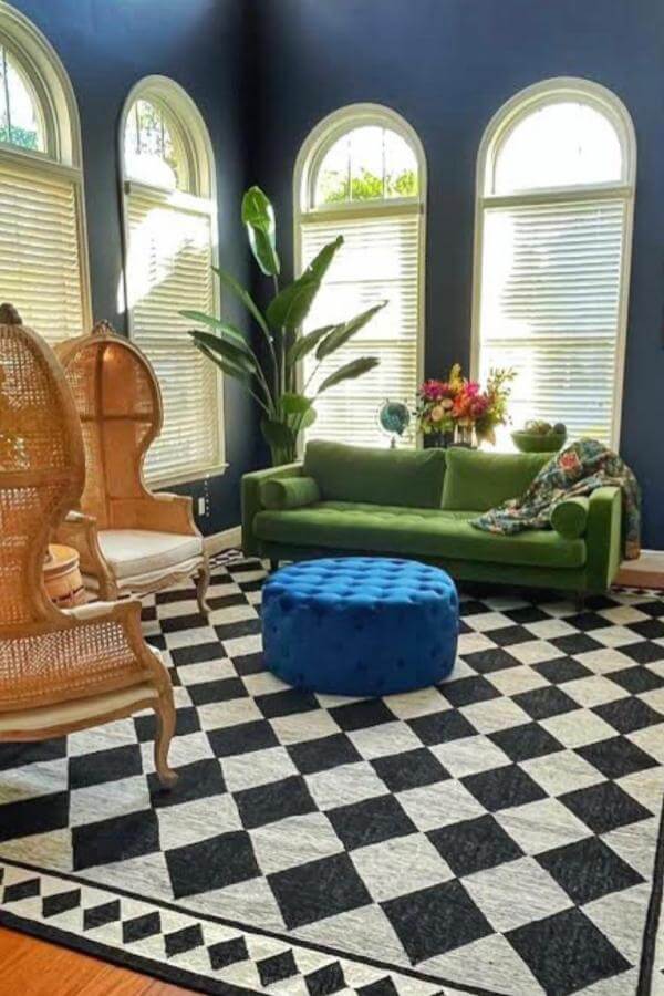 Bold checkered pattern enhances space; vibrant choice for living room rug ideas.