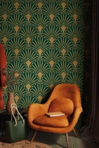 Retro Chic: Geometric wallpaper, vibrant patterns, bold accents, stylish living.