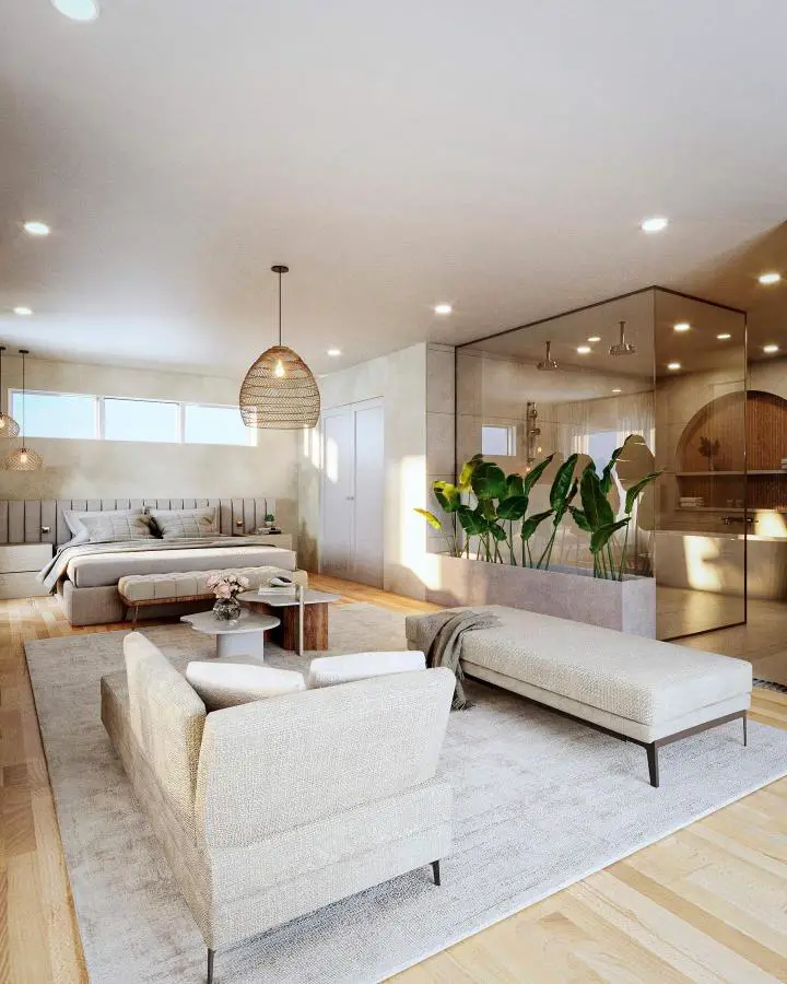 Modern glass partition bedroom from @__elladesign. Spacious neutral tones with wooden accents and contemporary seating area.