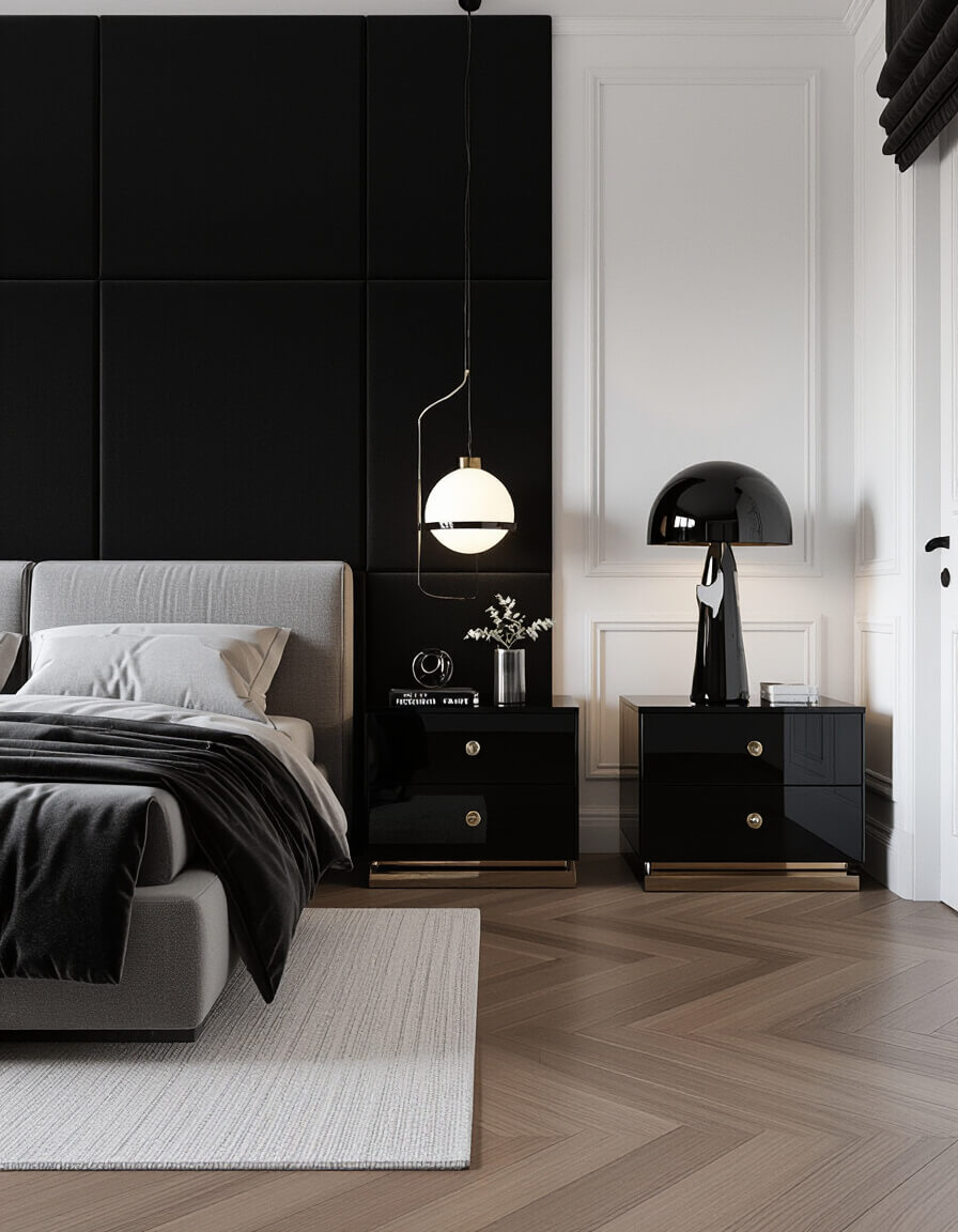 Luxurious velvet throw pillows and bedding create rich texture against white walls and glossy black nightstands in modern monochrome bedroom