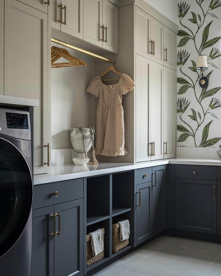 Two-tone taupe and navy cabinetry luxury laundry room ideas by @alishataylorinteriors with brass hardware and botanical wallpaper accents