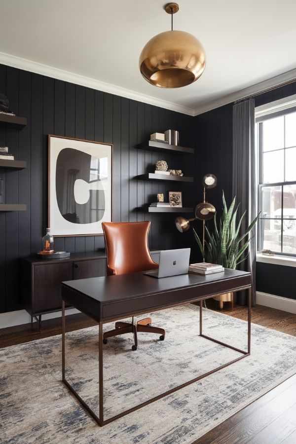 Masculine home office, dark wood desk, leather chair, metal accents, minimalistic decor, industrial lighting, neutral tones, organized bookshelf, sleek design, calming atmosphere.