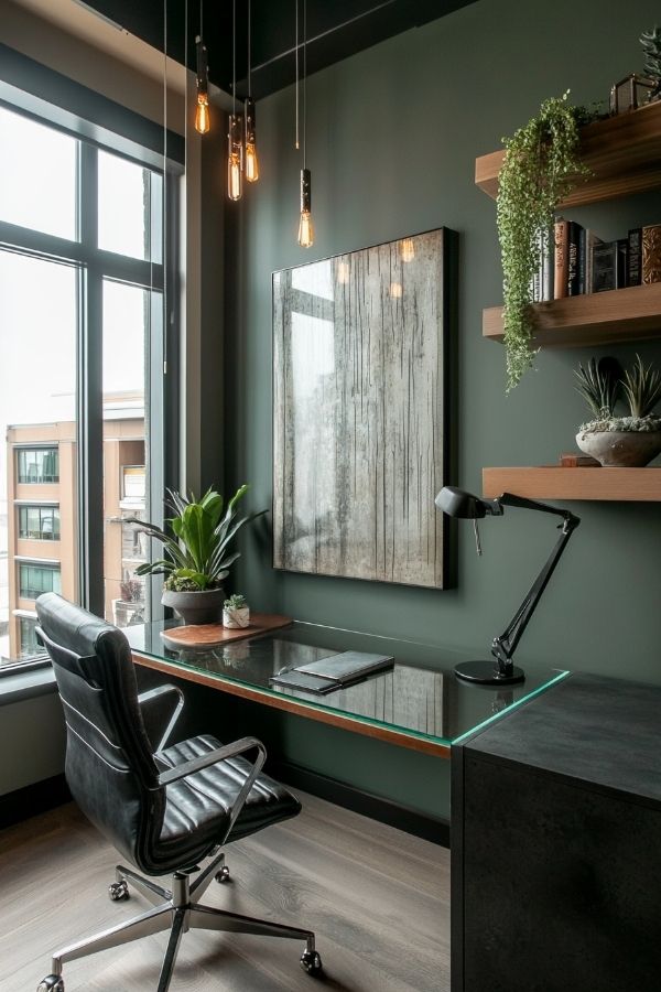 Masculine home office with dark wood desk, leather chair, modern decor.