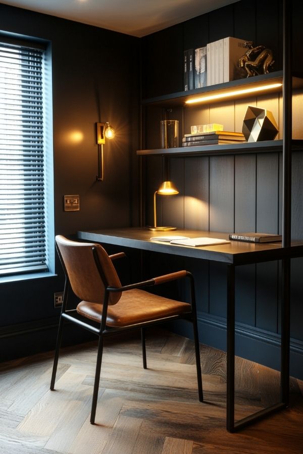 masculine home office sleek dark wood desk, leather chair, minimalist décor.