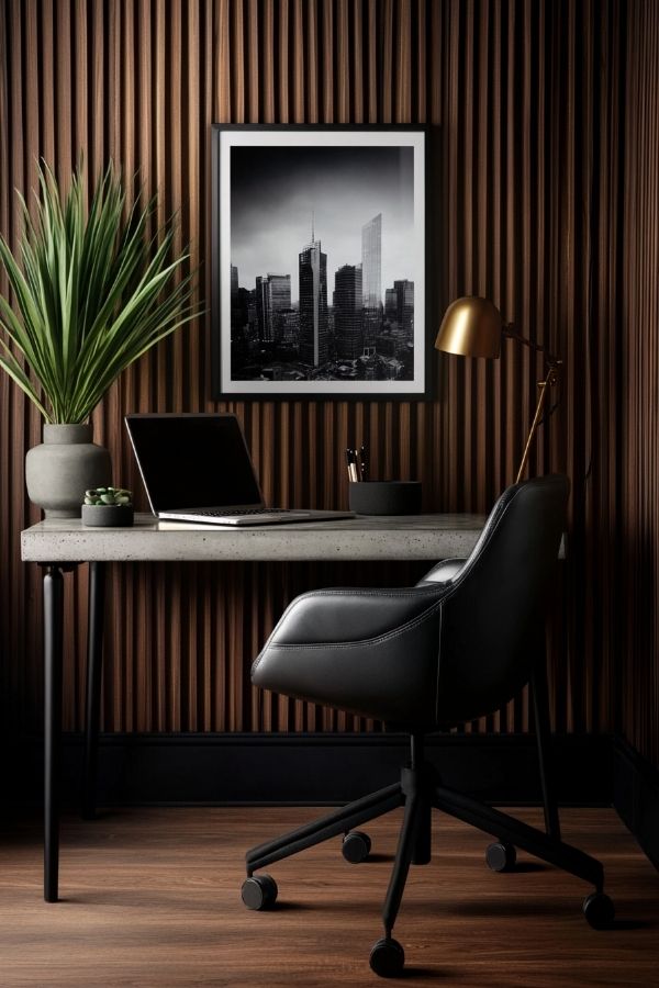 masculine home office featuring dark wood furniture and leather chair decor