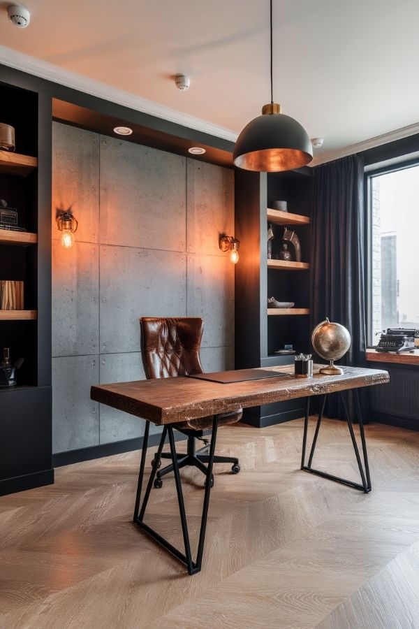 Masculine home office with leather chair, wooden desk, industrial decor, bookshelves.