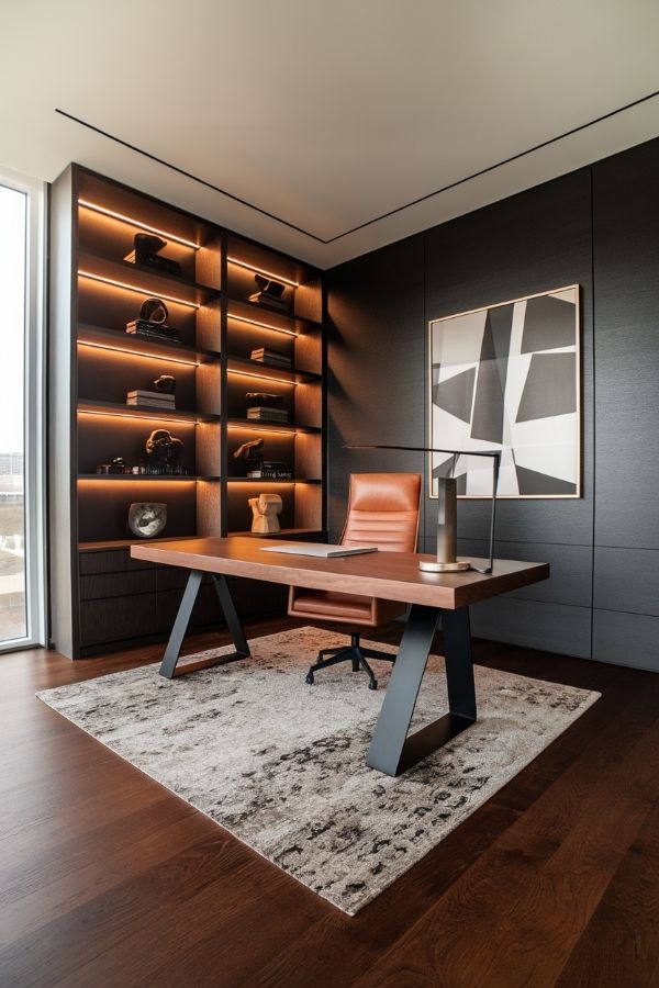 Masculine home office with dark wood desk, leather chair, industrial decor.