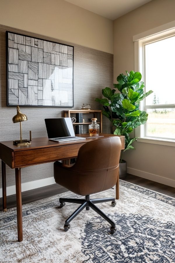 masculine home office with dark wood furniture, leather chair, industrial lighting.